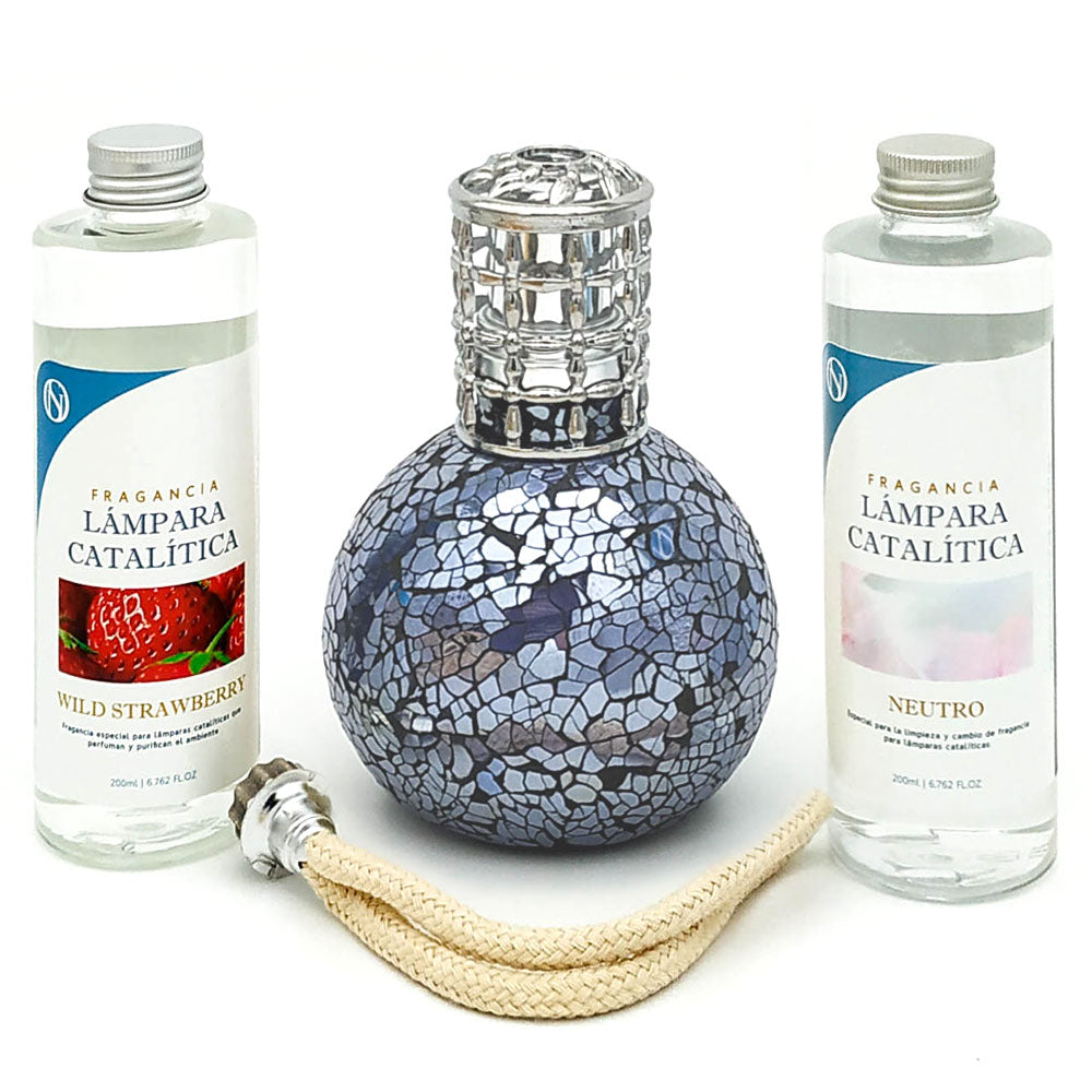 Pack Lámpara Catalítica Mosaico Azul Océano + Fragancia Wild Strawberry 500ml + Limpiador Neutro 200ml + Mecha Repuesto_0