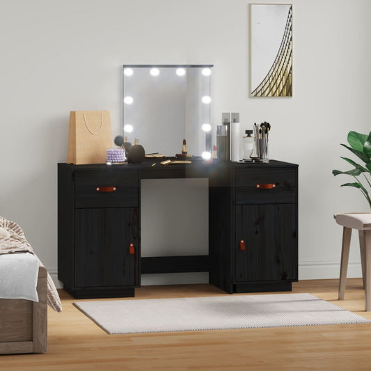 Juego De Tocador Con Led Madera Maciza De Pino Negro_0
