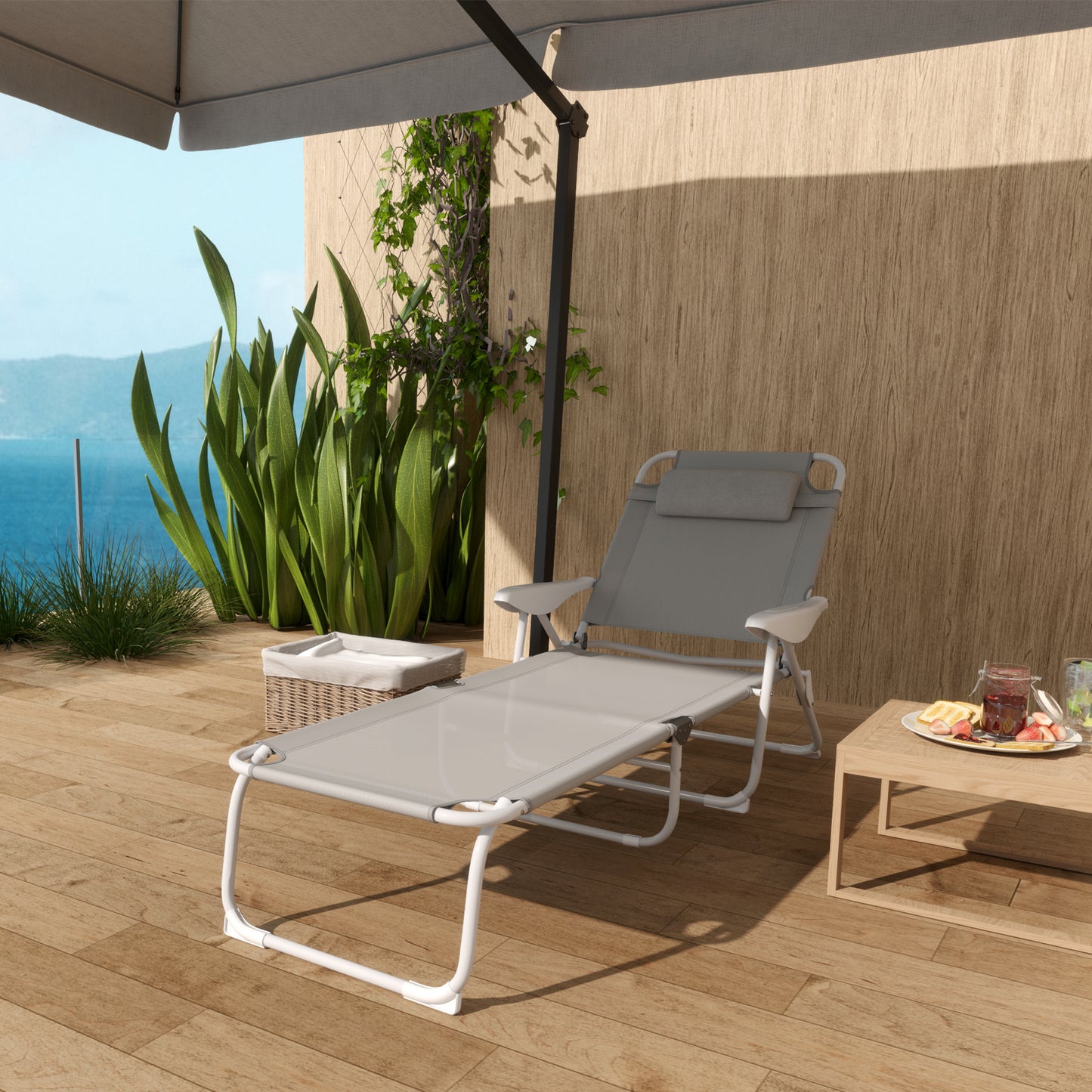 Outsunny Tumbona Plegable De Jardín Exterior Con Respaldo Ajustable Gris_3