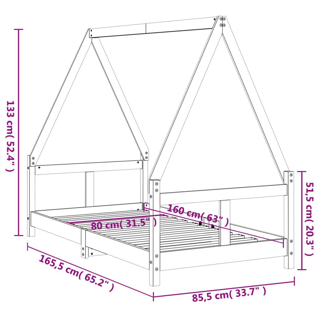 Estructura De Cama Para Niños Madera De Pino Negro 80x160 Cm / Vetonek_5