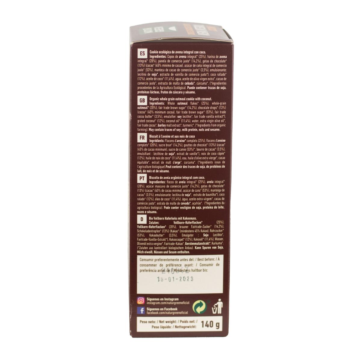 Bolacha Vegan com Aveia Integral, Pepitas de Chocolate e Coco Biológico Naturgreen 140 g