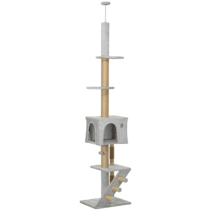 Pawhut Árbol Para Gatos De Suelo A Techo De 225-255 Cm Con Escalera Gris Claro_0