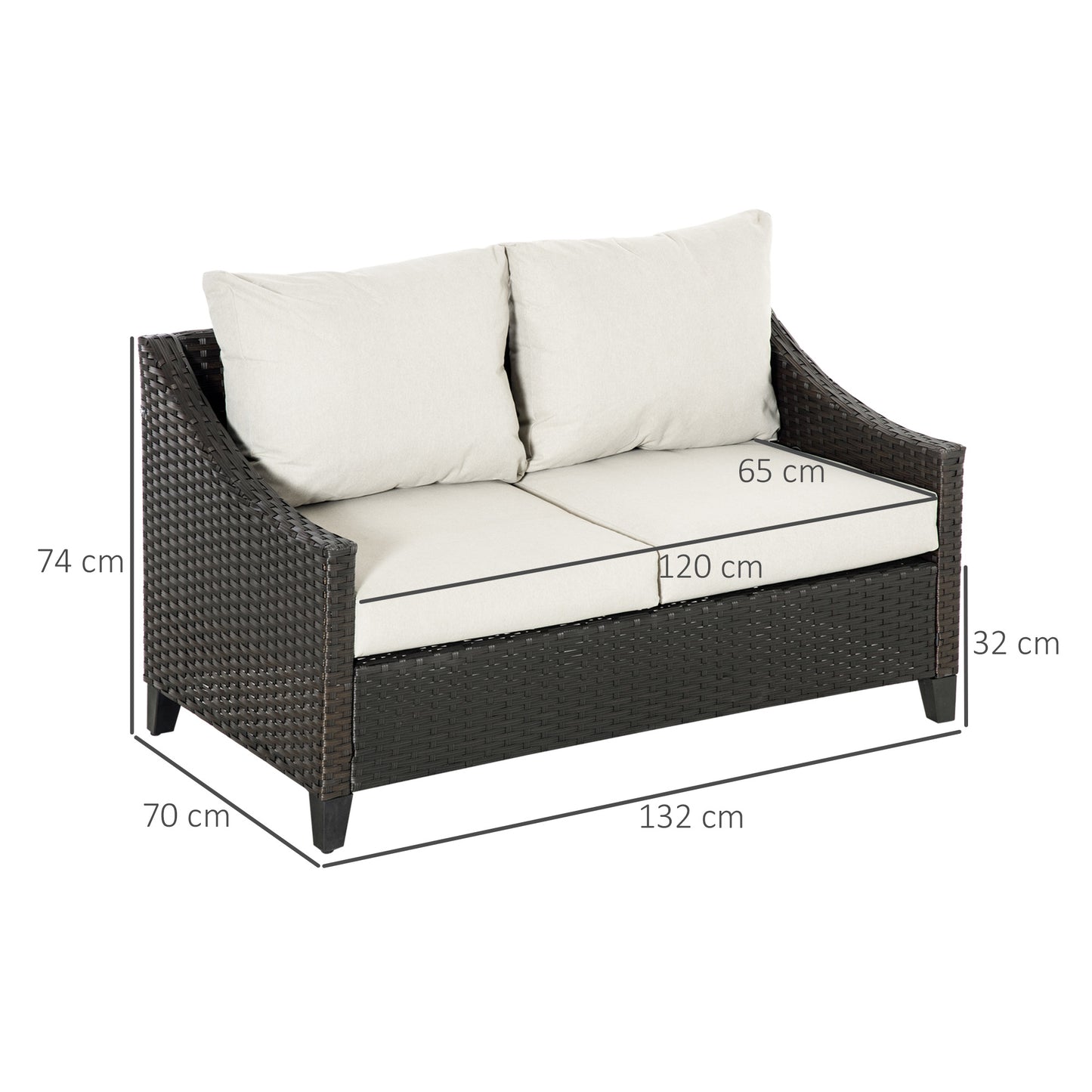 Outsunny Sofá De Ratán 2 Plazas Jardín Con Cojines Acolchados 132x70x74cm Marrón_2