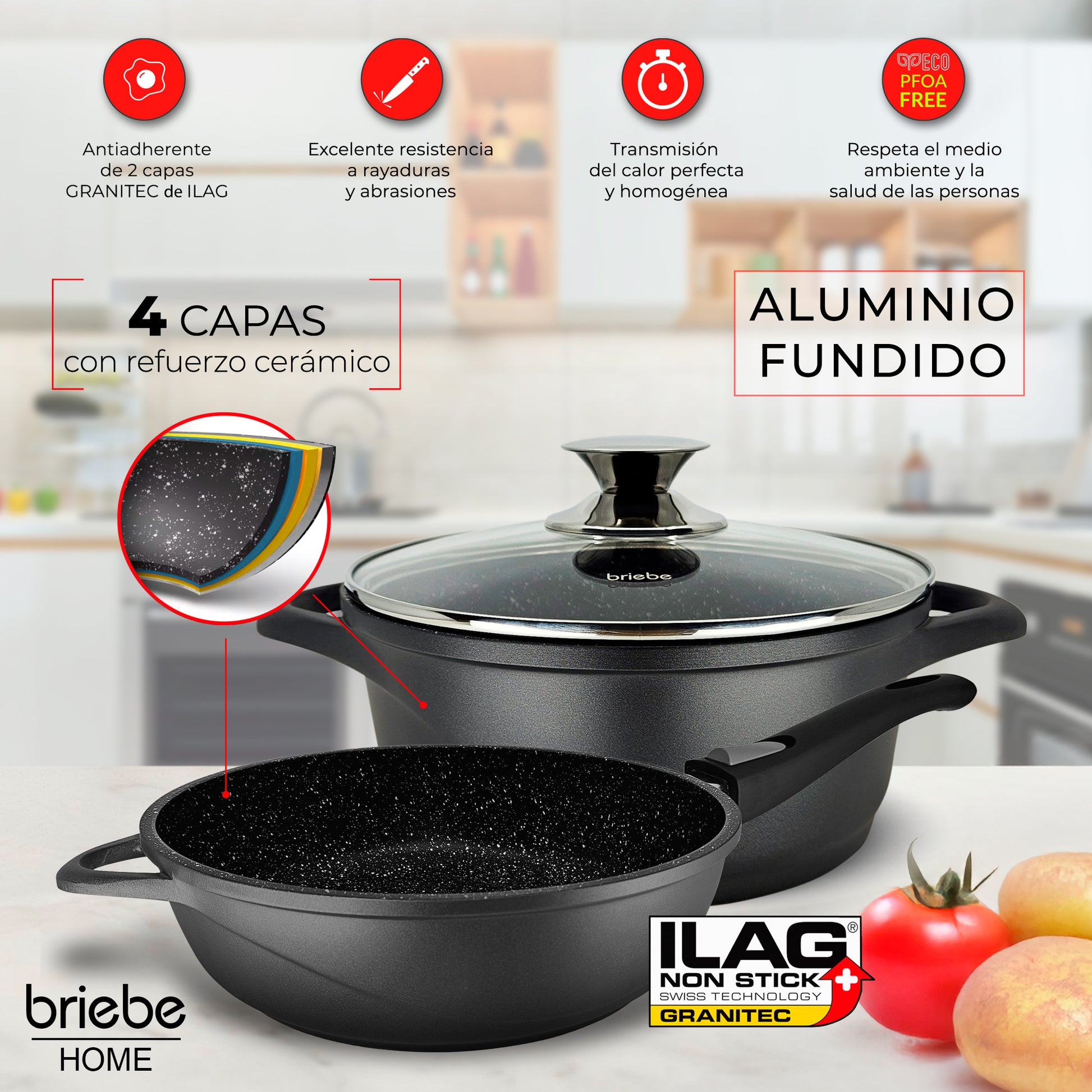 Briebe Batería De Cocina Inducción 10 Piezas Aluminio Fundido 3 Ollas 2 Sartenes Antiadherente Tapas, Mgk1819, Negro_2
