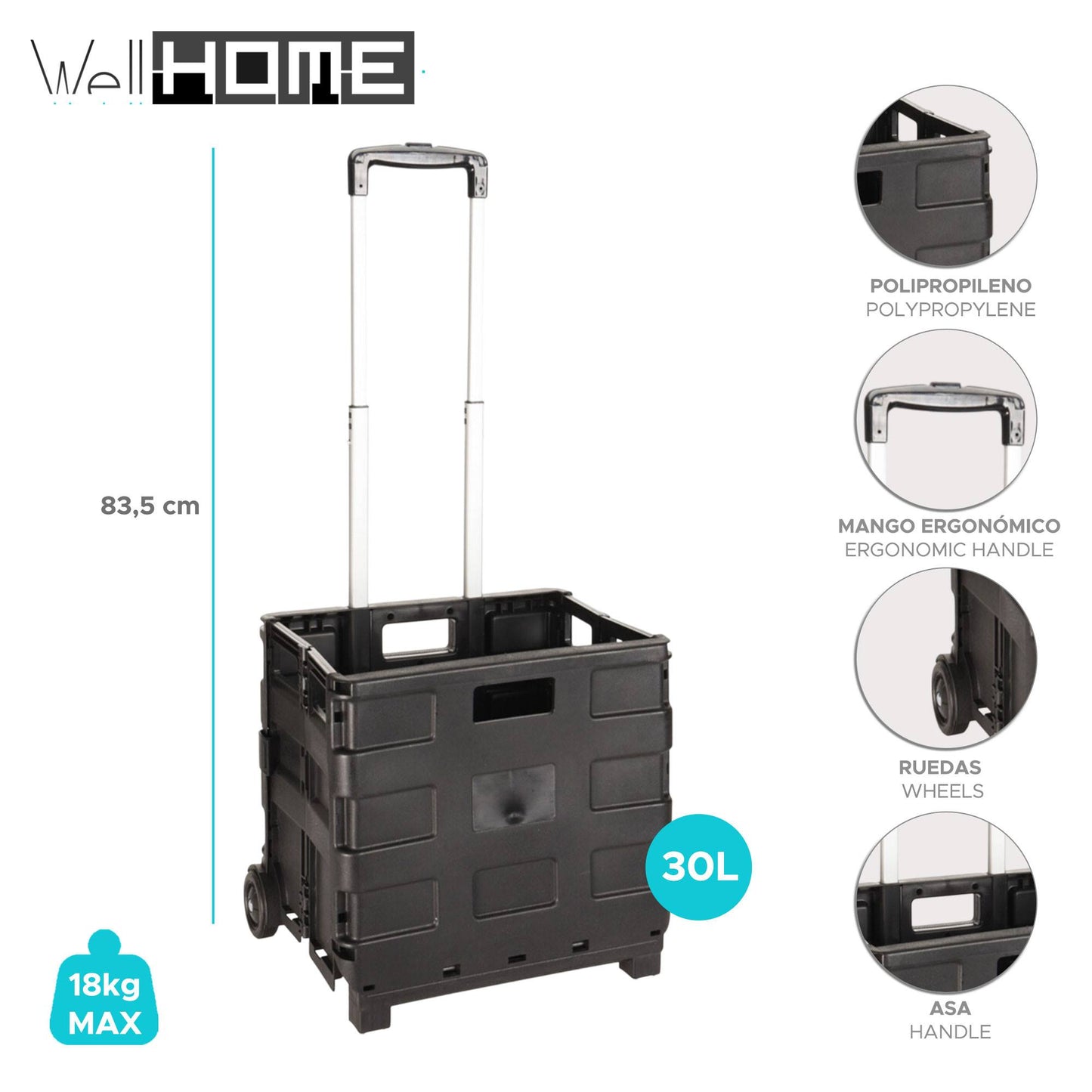 Well Home Trolley De Aluminio Con Caja Plegable Negro_1