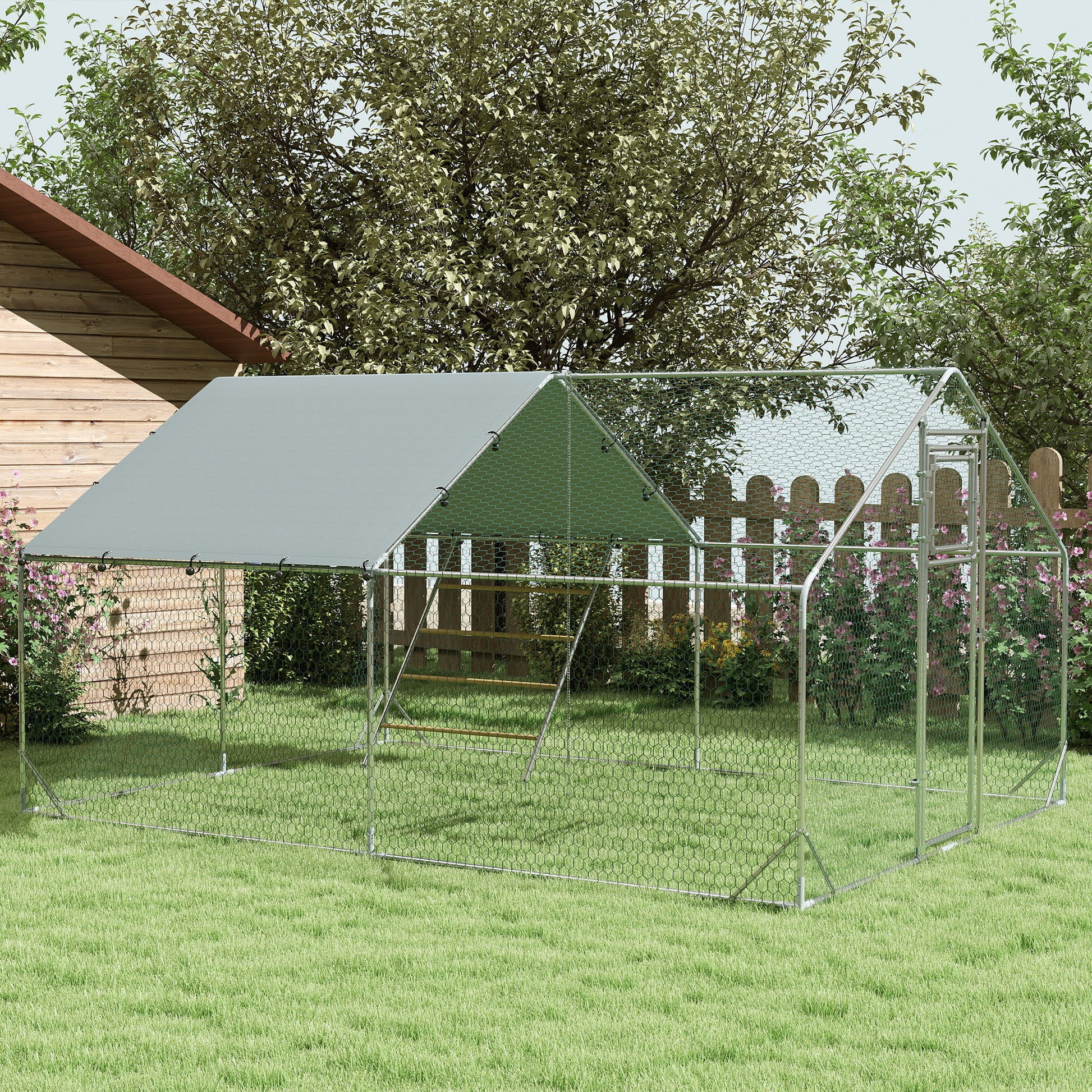 Pawhut Gallinero Para Exterior 3x4x2 M Con Comedero Colgante Tipo Brocheta Plata_1