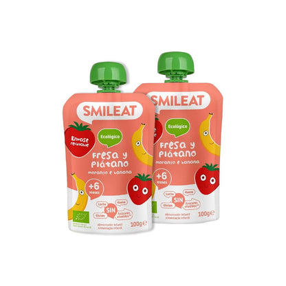 Embalagem de 2 saquetas Smileat ECO morango e banana, 100 g