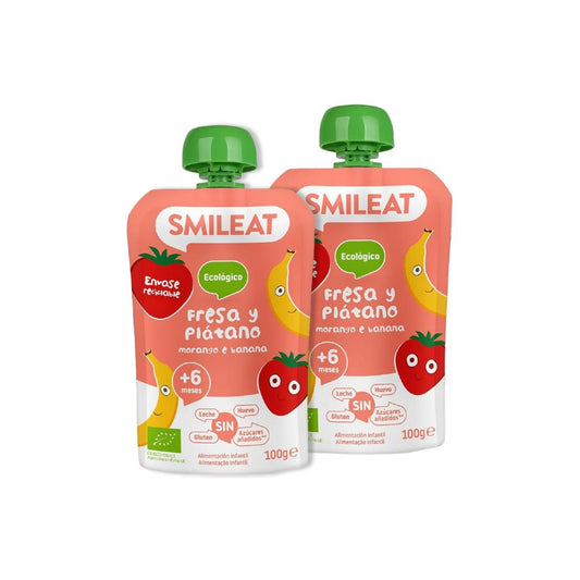 Embalagem de 2 saquetas Smileat ECO morango e banana, 100 g