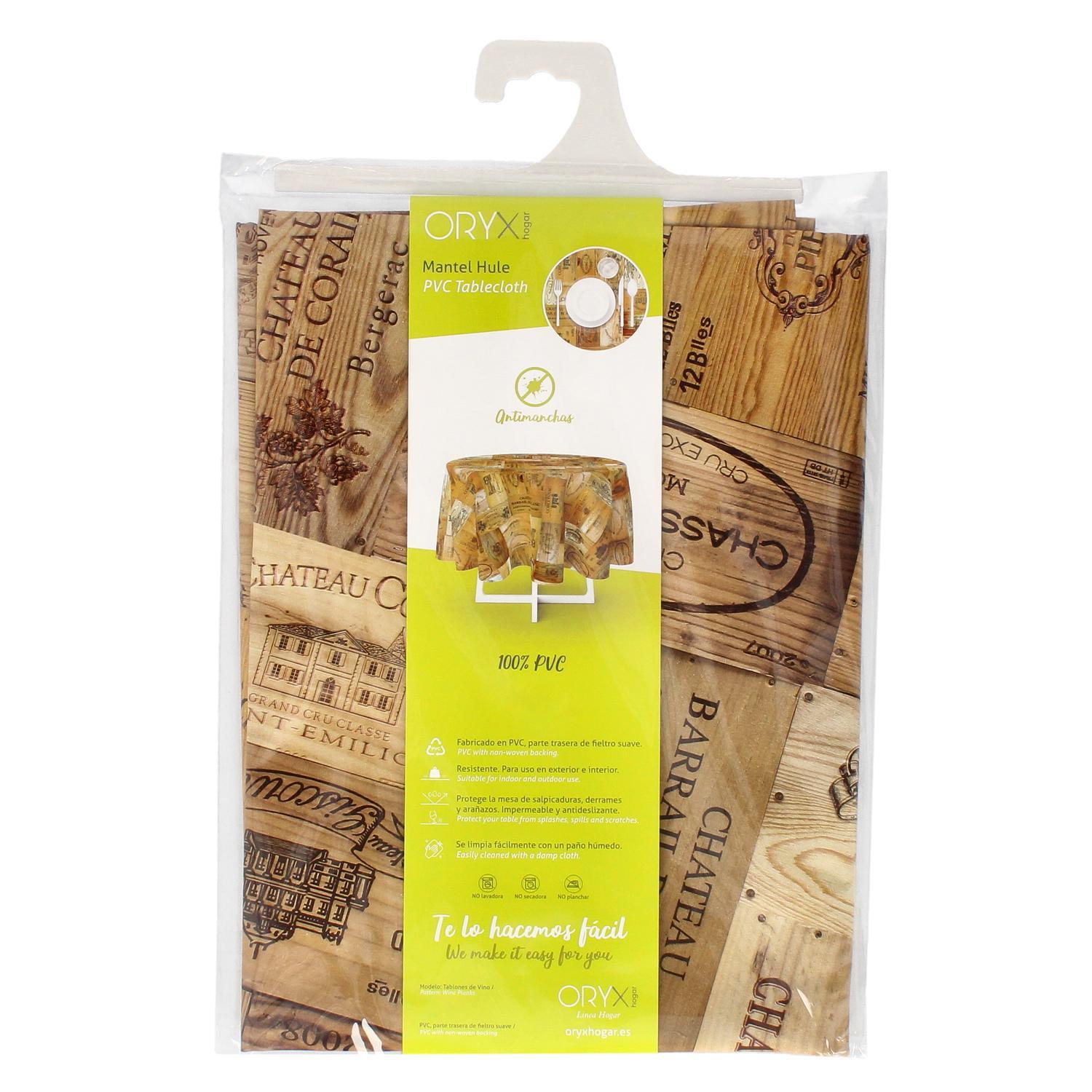 Mantel Hule Redondo Tablones Vino Impermeable Antimanchas Pvc Ø 140 Cm. Uso Interior Y Exterior