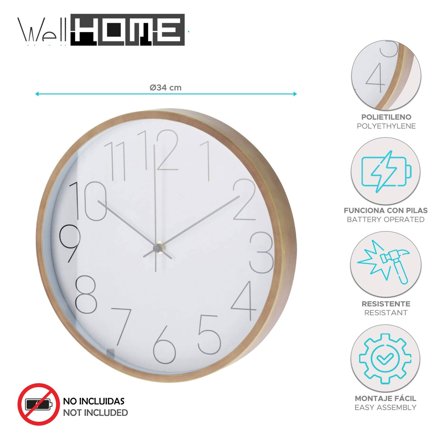 Well Home Reloj De Pared Moderno Con Borde De Aspecto Madera - Esfera Blanca Y Agujas Finas Ø30,5cm_1