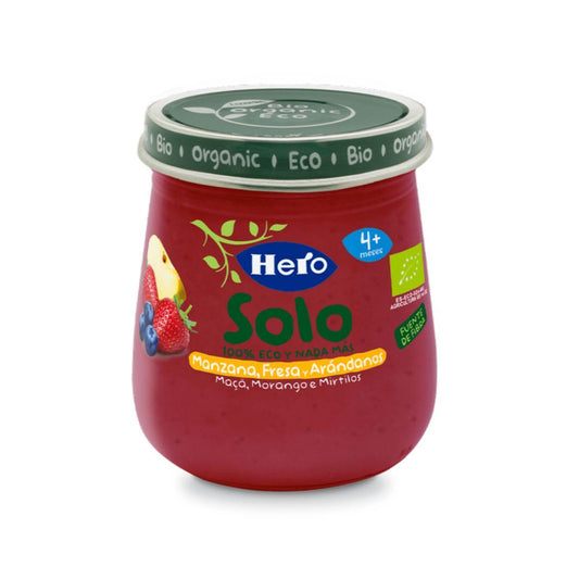 Pote de Maçã, Morango e Mirtilo Biológico 120 g - Hero Solo