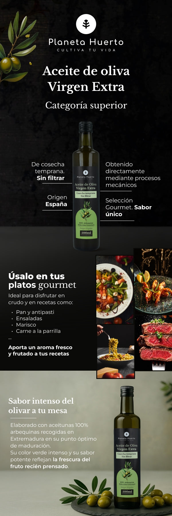 Embalagem de 3 azeites extra virgem verde não filtrado Planeta Huerto colheita precoce 500 ml