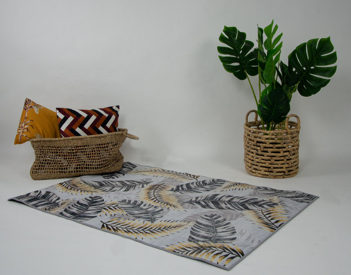 Alfombra De Sala, Sala De Terciopelo Suave Con Patrón De Hojas Tropicales En Negro 80x120cm- Decoración- Mobiliario Del Hogar_2