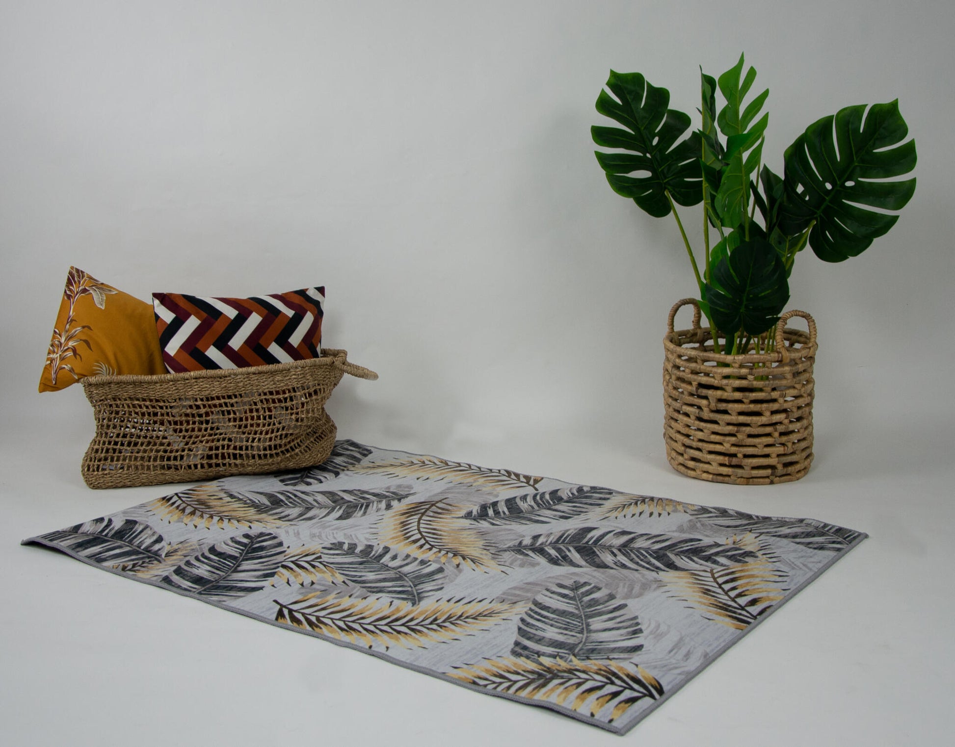Alfombra De Sala, Sala De Terciopelo Suave Con Patrón De Hojas Tropicales En Negro 80x120cm- Decoración- Mobiliario Del Hogar_2