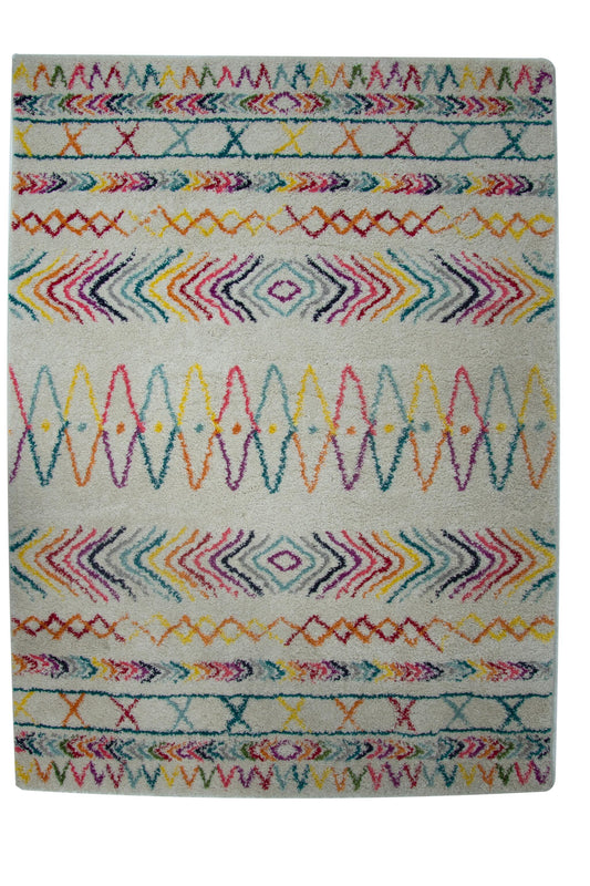 Alfombra Salón Pelo Largo Suave Bohemia Azteca Blanco Multicolor 100x150cm- Decoración- Mobiliario Hogar_0