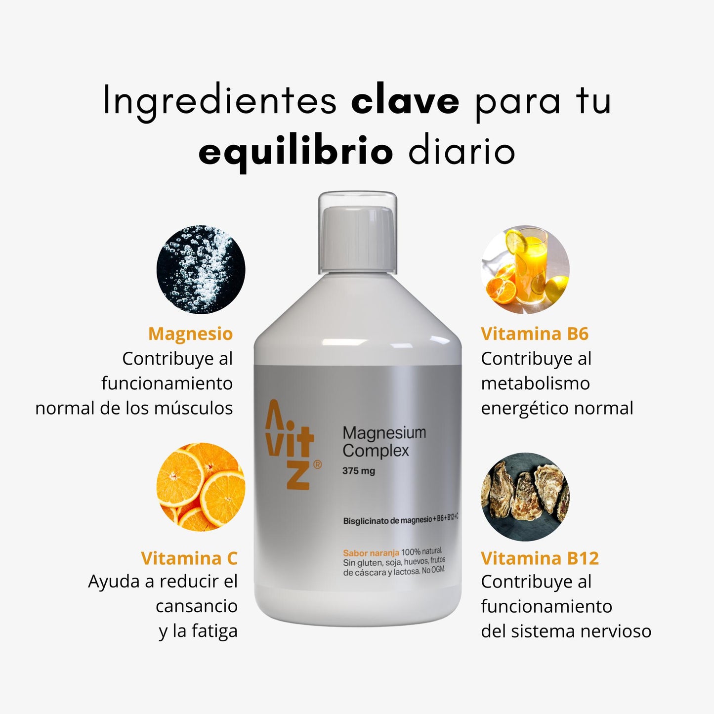 Avitz Magnesium Complex Líquido 500 Ml | Magnesio Bisglicinato + Vitaminas B6, B12 Y C_2