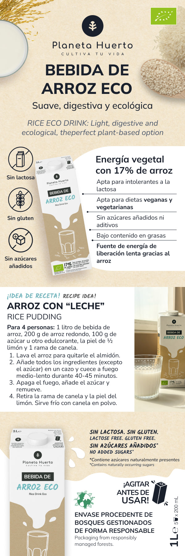 Pack de 12 Bebidas de Arroz Planeta Huerto Eco 1L