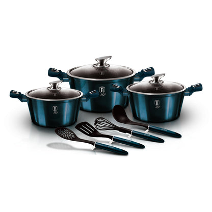 Batería Cocina Inducción 10 Piezas, Antiadherente Mármol Sin Pfoa, Aluminio, 3 Cazuelas Tapas Berlinger Haus Aquamarine Azul Marino_0