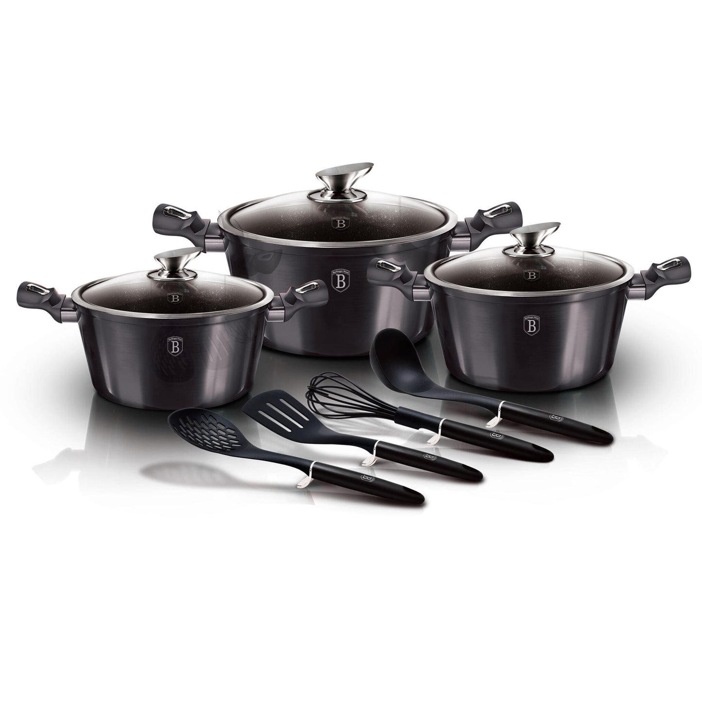 Batería Cocina Inducción 10 Piezas, Antiadherente Mármol Sin Pfoa, Aluminio, 3 Cazuelas Tapas Berlinger Haus Carbon Pro Gris_0