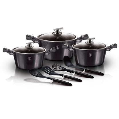 Batería Cocina Inducción 10 Piezas, Antiadherente Mármol Sin Pfoa, Aluminio, 3 Cazuelas Tapas Berlinger Haus Carbon Pro Gris_0