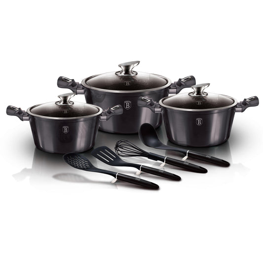 Batería Cocina Inducción 10 Piezas, Antiadherente Mármol Sin Pfoa, Aluminio, 3 Cazuelas Tapas Berlinger Haus Carbon Pro Gris Oscuro_0