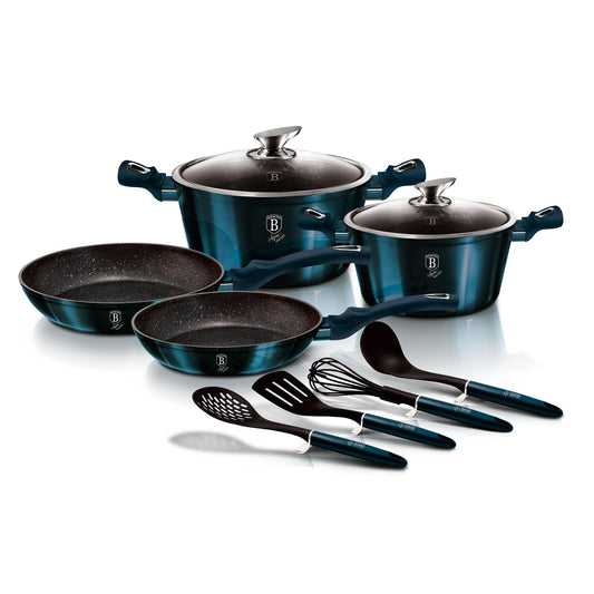 Batería Cocina Inducción 10 Piezas, Antiadherente Mármol Sin Pfoa, Aluminio, Cazuelas Sartenes Berlinger Haus Aquamarine Azul Marino_0