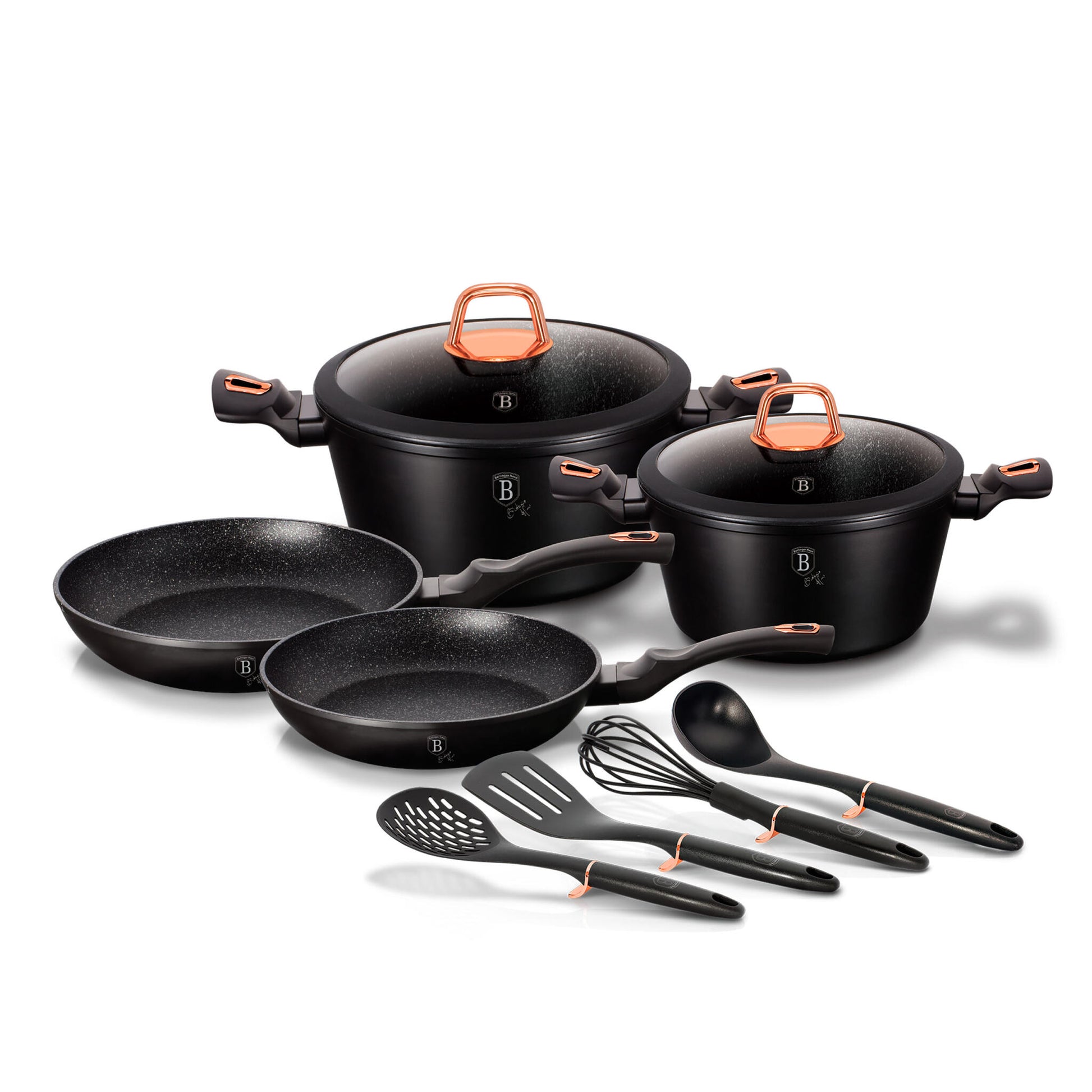 Batería Cocina Inducción 10 Piezas, Antiadherente Mármol Sin Pfoa, Aluminio, Cazuelas Sartenes Berlinger Haus Black Rose Negro_0