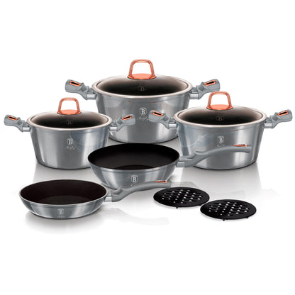 Batería Cocina Inducción 10 Piezas, Antiadherente Mármol Sin Pfoa, Aluminio, Cazuelas Sartenes Berlinger Haus Moonlight Gris_0