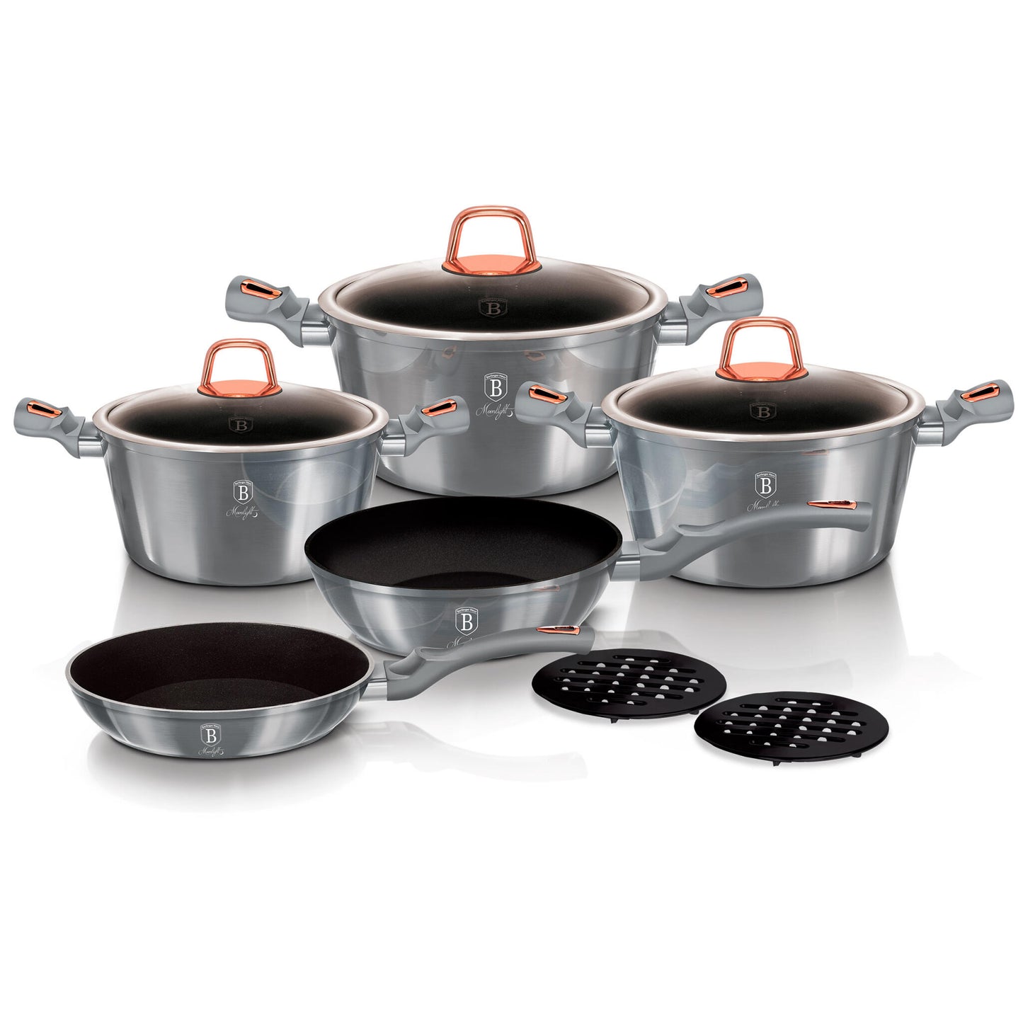 Batería Cocina Inducción 10 Piezas, Antiadherente Mármol Sin Pfoa, Aluminio, Cazuelas Sartenes Berlinger Haus Moonlight Gris_0