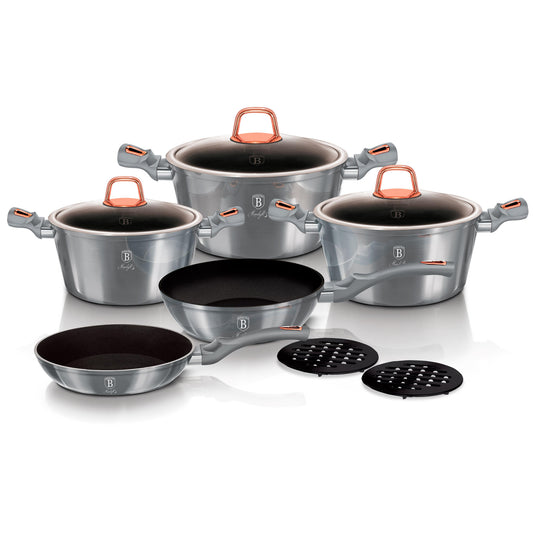 Batería Cocina Inducción 10 Piezas, Antiadherente Mármol Sin Pfoa, Aluminio, Cazuelas Sartenes Berlinger Haus Moonlight Gris_0