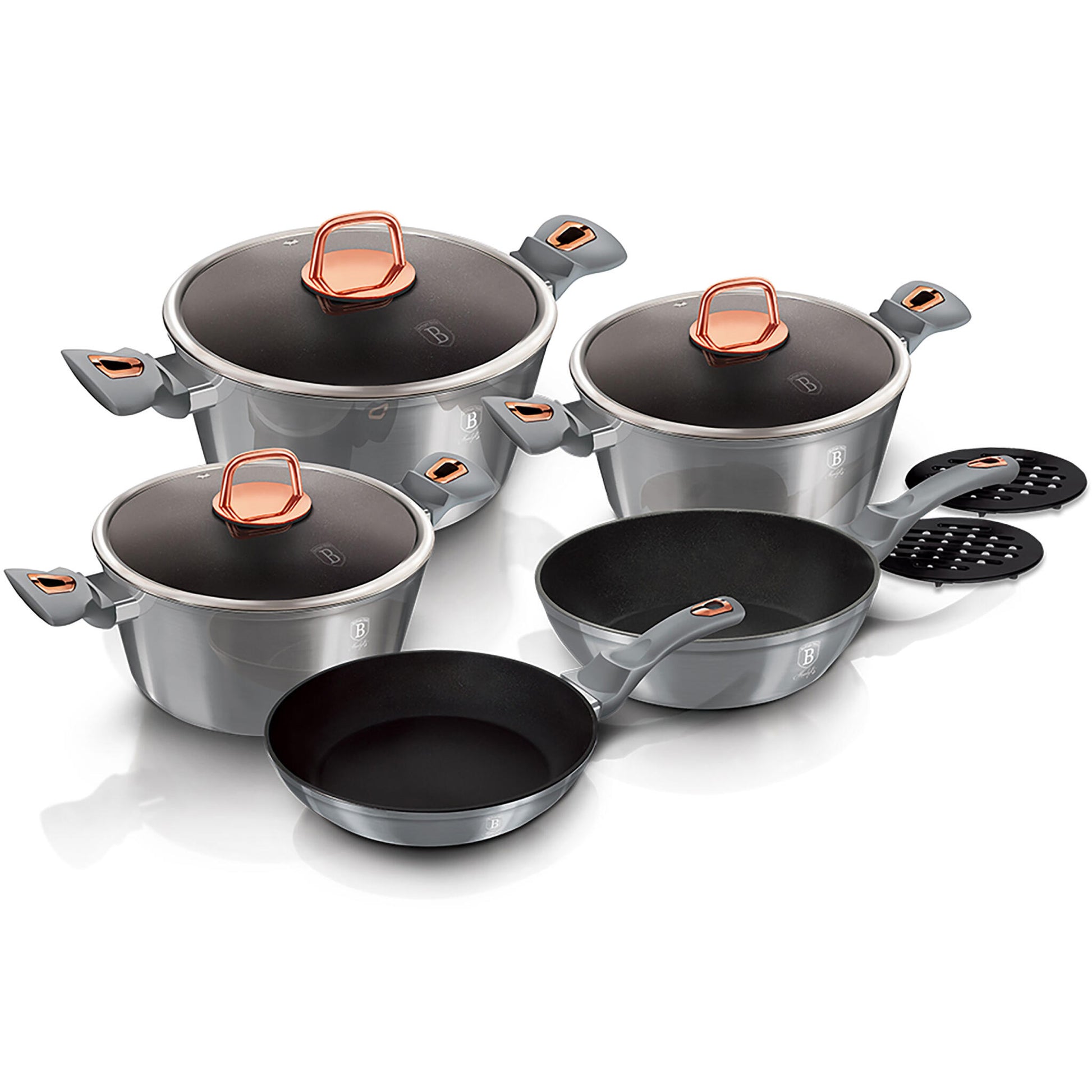 Batería Cocina Inducción 10 Piezas, Antiadherente Mármol Sin Pfoa, Aluminio, Cazuelas Sartenes Berlinger Haus Moonlight Gris_1