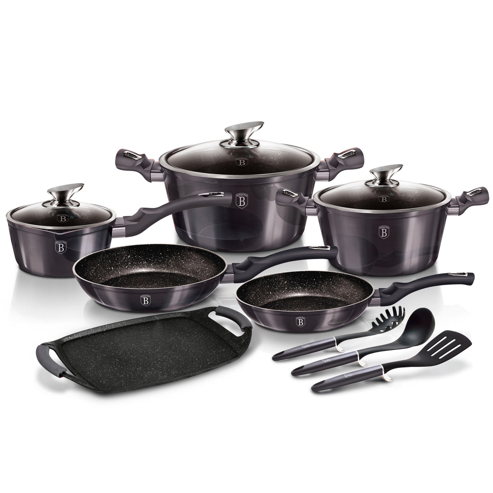 Batería Cocina Inducción 12 Piezas, Antiadherente Sin Pfoa, Aluminio, Cazuelas Sartenes Plancha Berlinger Haus Carbon Pro Gris Oscuro_0