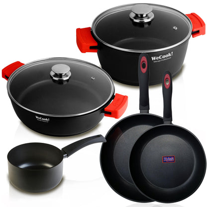 Batería Cocina Inducción 5 Piezas, Aluminio Sin Pfoa, Set Cazuelas Tapa + Sartenes, Asas Silicona Wecook Ecostone, Negro_0