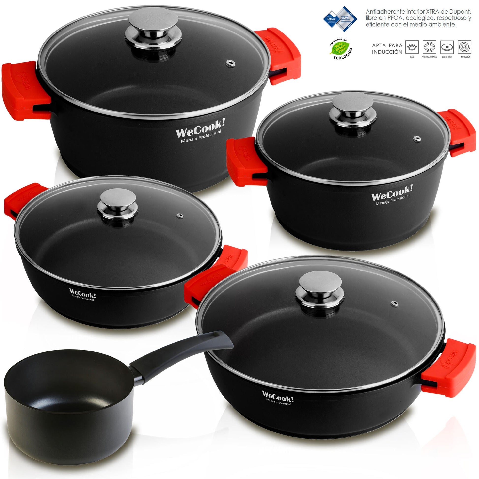 Batería Cocina Inducción 5 Piezas, Aluminio Sin Pfoa, Set Cazuelas+tapa, Asas Silicona, Espesor 5mm Wecook Ecostone, Negro_0