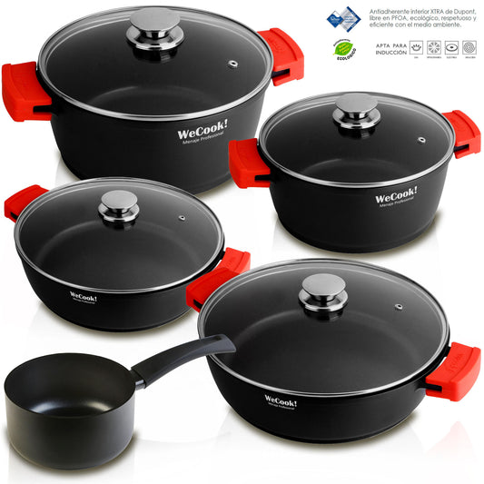 Batería Cocina Inducción 5 Piezas, Aluminio Sin Pfoa, Set Cazuelas+tapa, Asas Silicona, Espesor 5mm Wecook Ecostone, Negro_0