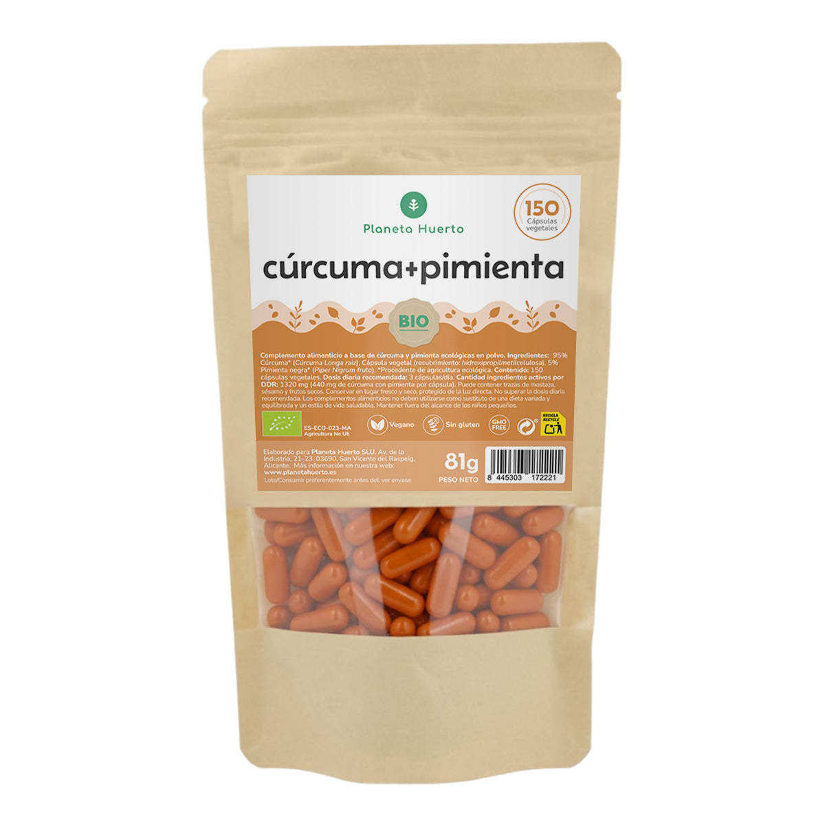 Cúrcuma + Pimenta BIO Planeta Huerto 150 cápsulas