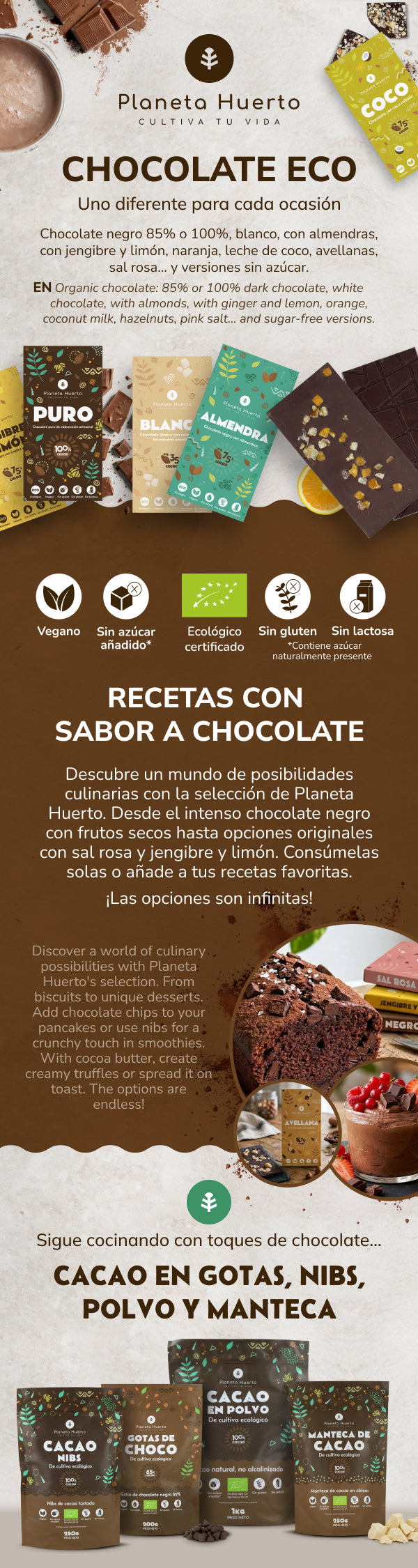 Barra de chocolate negro 75% sem adição de açúcares ECO Planeta Huerto 70 g