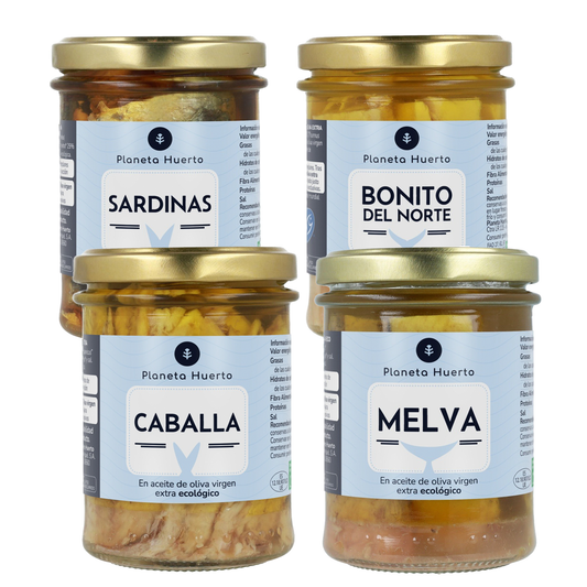 Pack Melva, Caballa, Bonito y Sardinas en aceite de oliva virgen ECO, Planeta Huerto