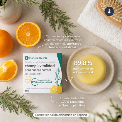 Champô sólido para cabelos normais, laranja e cedro, Planeta Huerto, 85 g