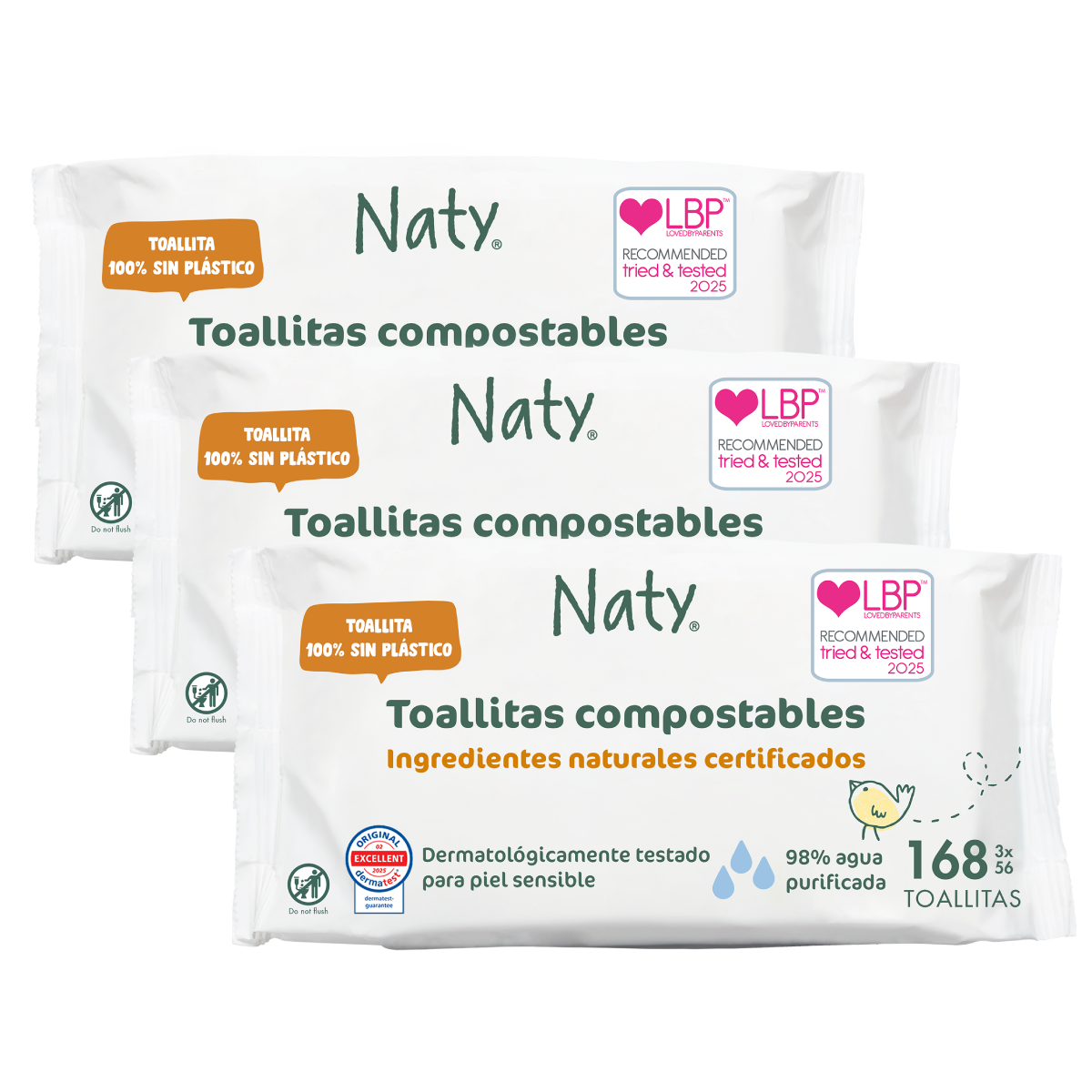 Pack de 3 lenços compostáveis ​​Naty, 3 x 56 unidades
