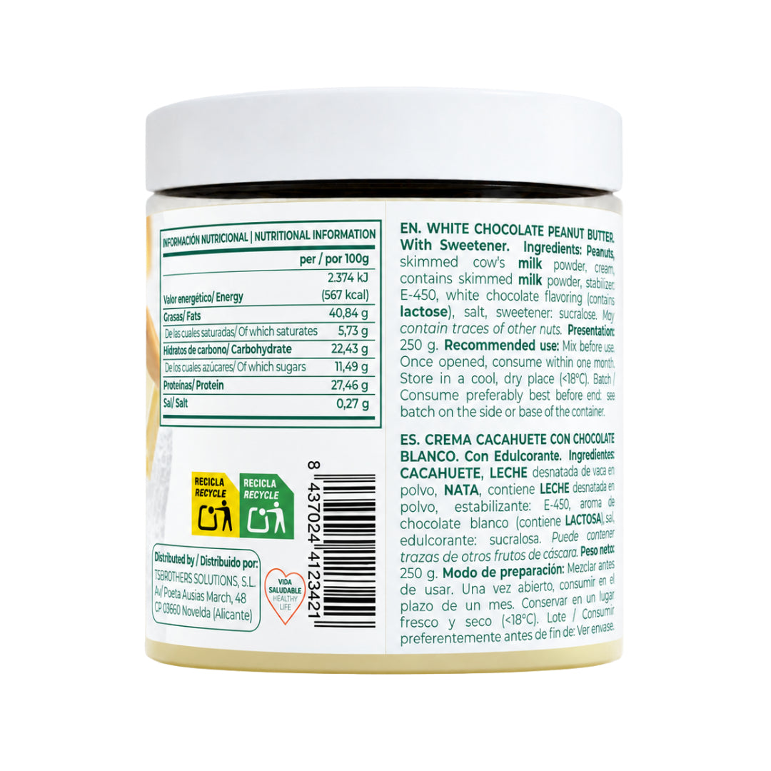 Crema de Cacahuete Tostado con Chocolate Blanco Torafood 250 gr