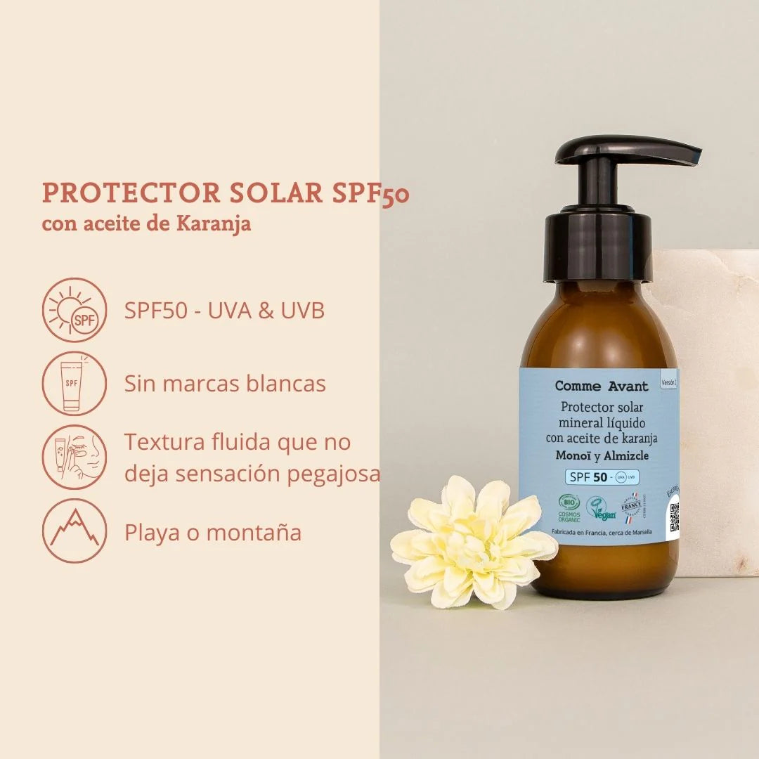Protector solar mineral líquido SPF50 con aceite de karanja Monoi y Almizcle Comme Avant 105 ml