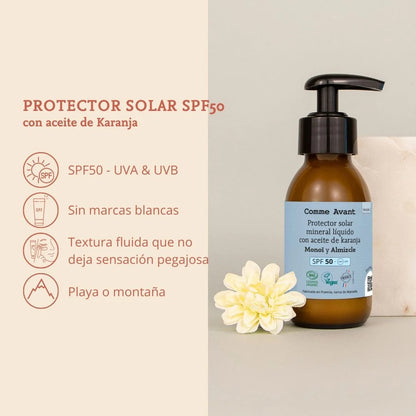 Protector solar mineral líquido SPF50 con aceite de karanja Monoi y Almizcle Comme Avant 105 ml