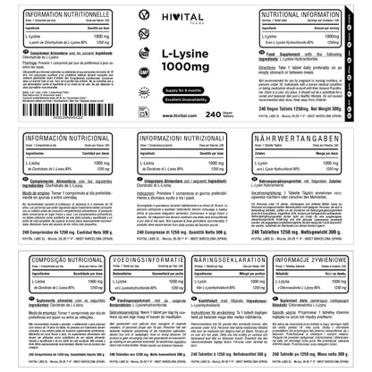 L-Lisina 1000 mg Hivital 240 comprimidos veganos