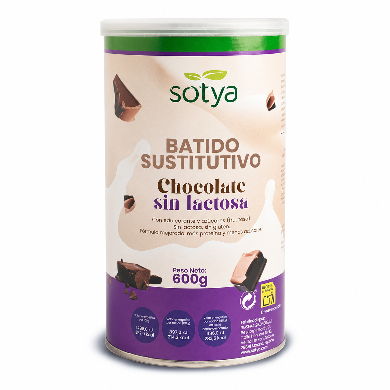 Batido Sustitutivo de Chocolate sin lactosa en Polvo Sotya 600 g