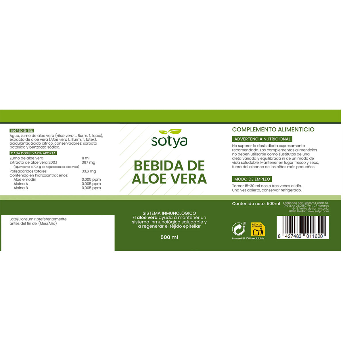 Bebida Aloe Vera, Sotya, 500 ml