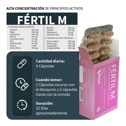 Fértil M VECOS (45+45 cápsulas) | Fertilidad femenina, preconcepción y regulador hormonal | Inositol y Folato | CoQ10+B6_2