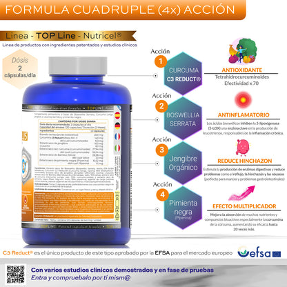 Cúrcuma C3 Plus con C3 Reduct® + Boswellia, Jengibre y Pimienta Nutricel 120 cápsulas