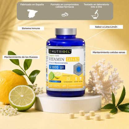 Vitamina D3 + K2 MK7 2000 UI Vegana Nutricel 180 comprimidos sabor lima-limón
