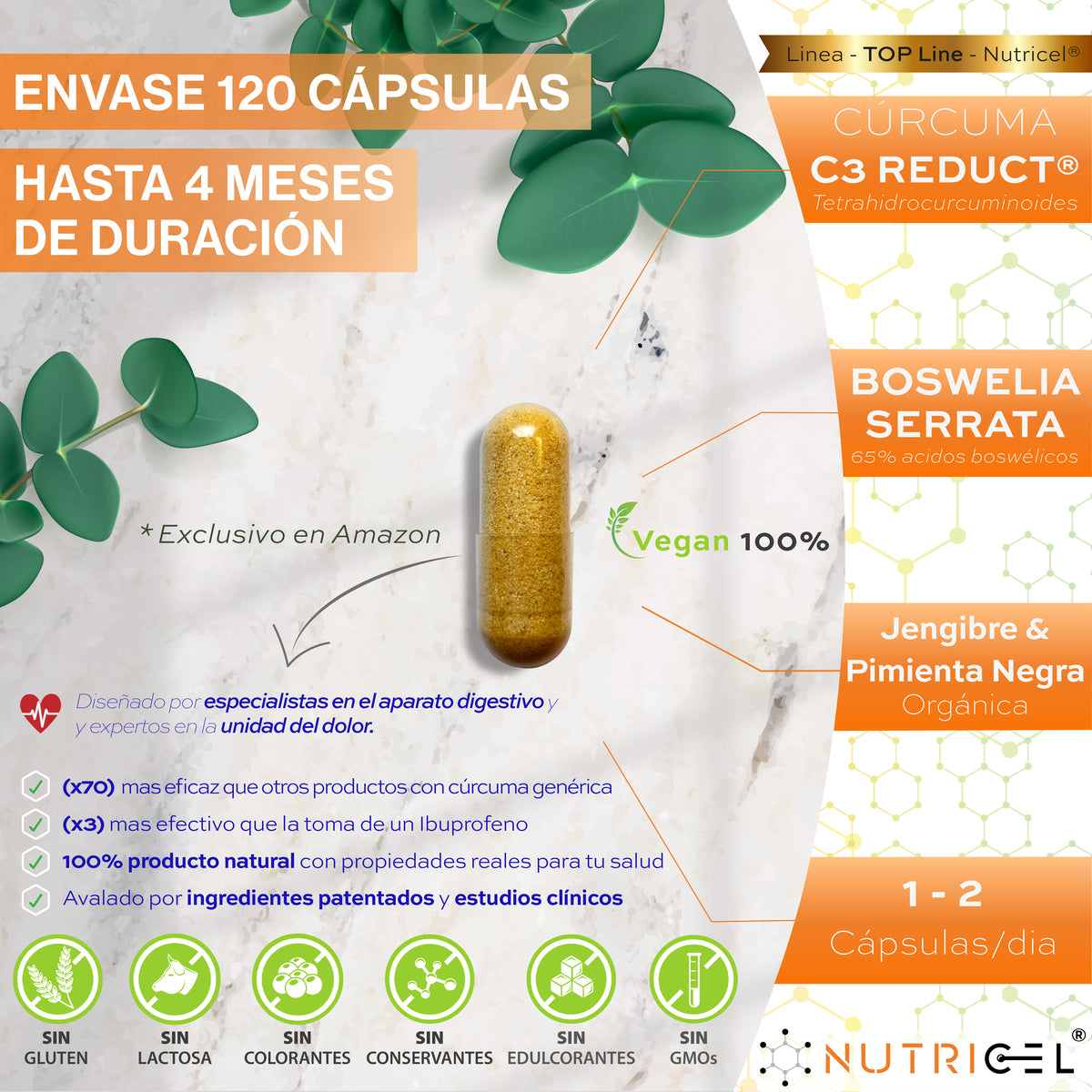 Cúrcuma C3 Plus con C3 Reduct® + Boswellia, Jengibre y Pimienta Nutricel 120 cápsulas